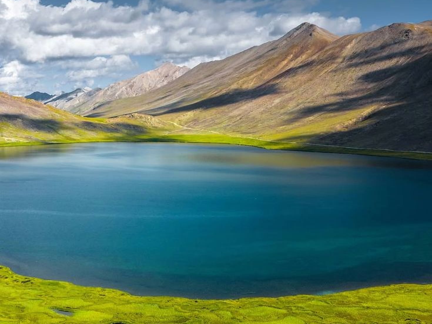 Sheosar Lake in Deosai National Park: deep blue water below bare brown mountains, with bright green marsh in the foreground