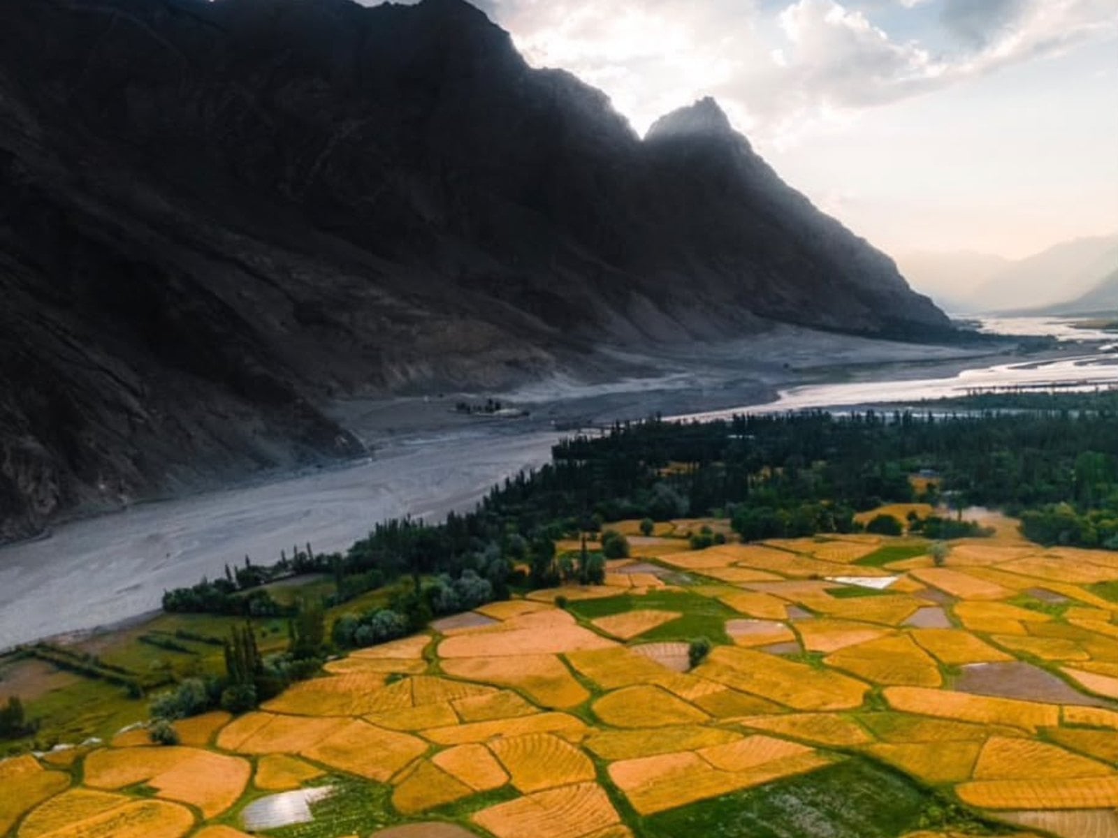 Golden fields in the Shigar valley beside a wide river, below dark mountains and a bright sky